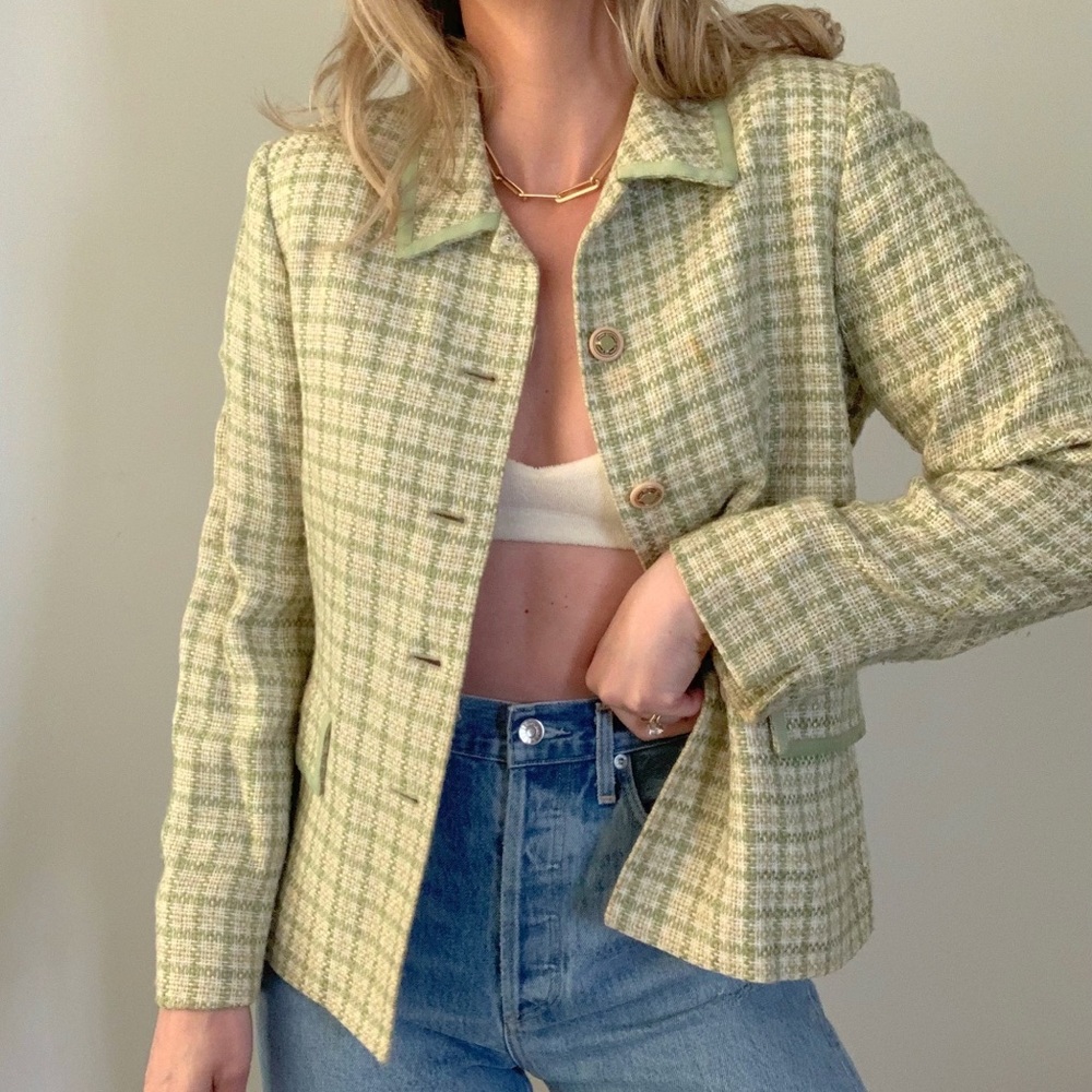 Vintage Pistachio Green Tweed Blazer Jacket Small - Picture 7 of 8